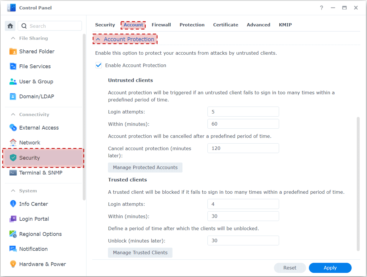 Account Protection settings