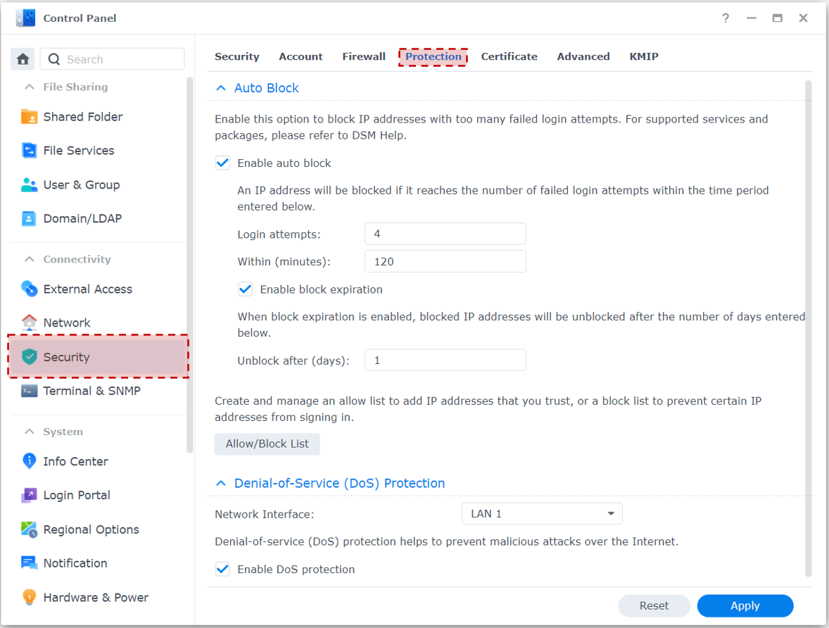 Auto Block and DoS Protection settings