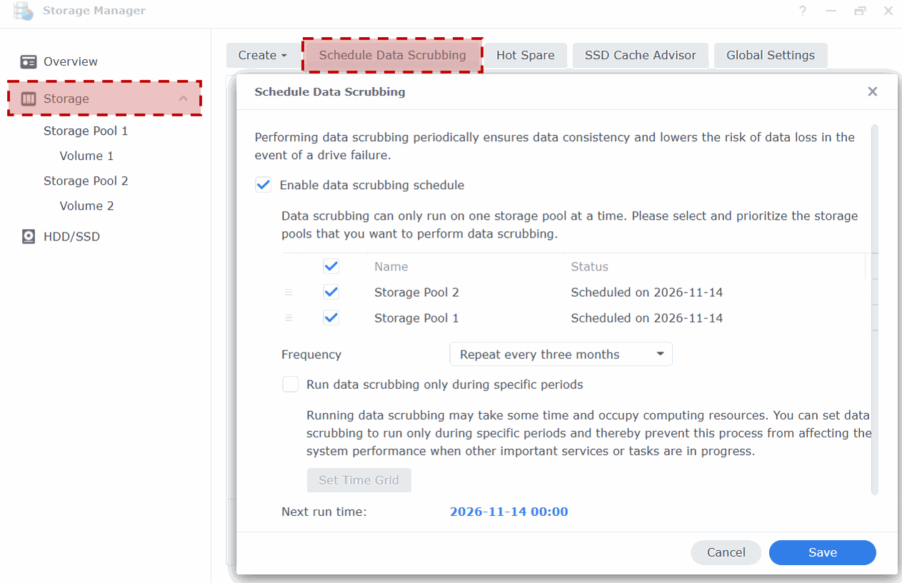 Data Scrubbing settings in Synology Storage Manager