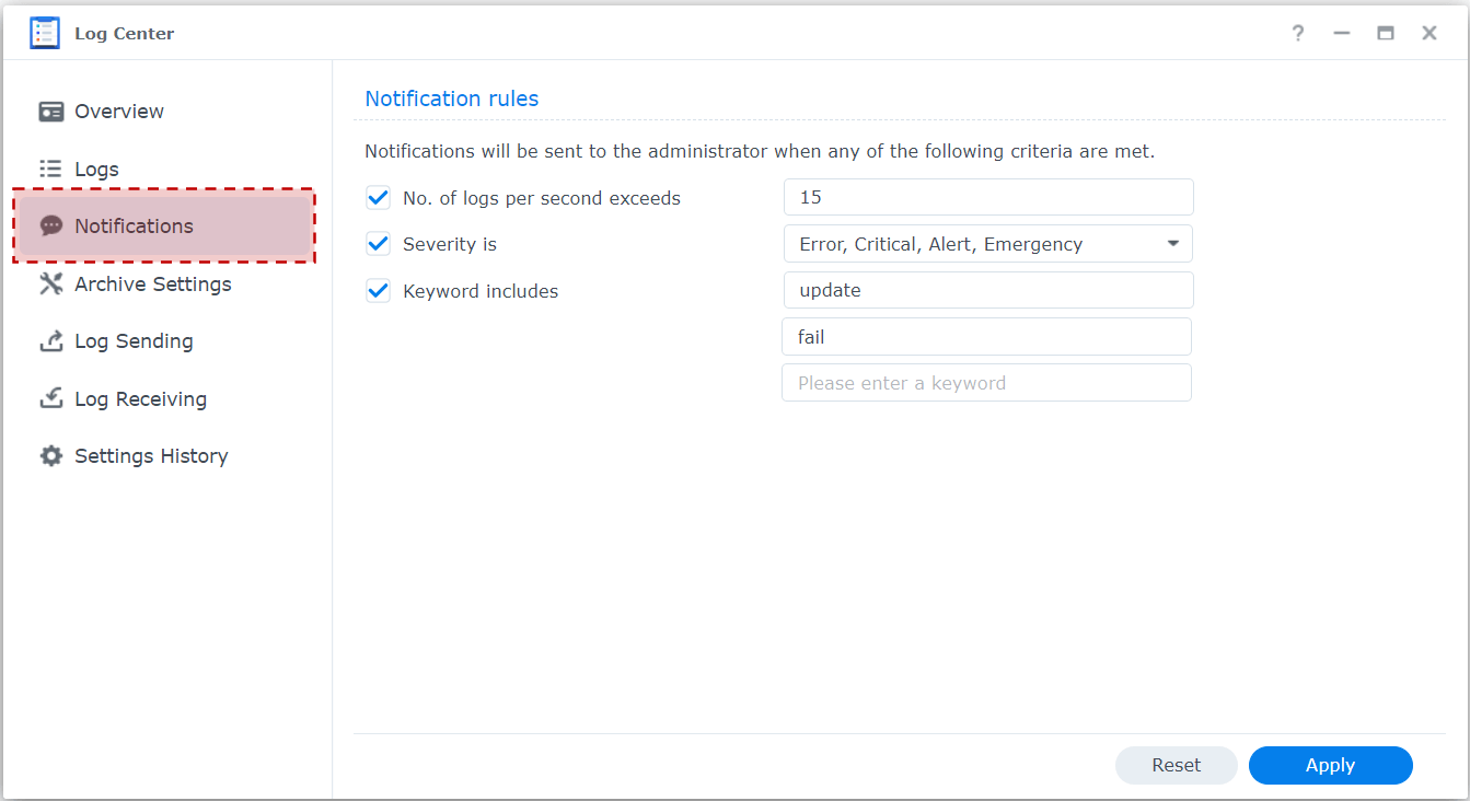 Log Center notification keywords