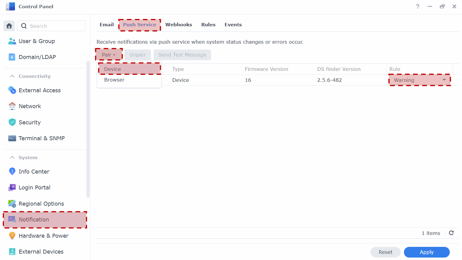 Notification push service pairing settings