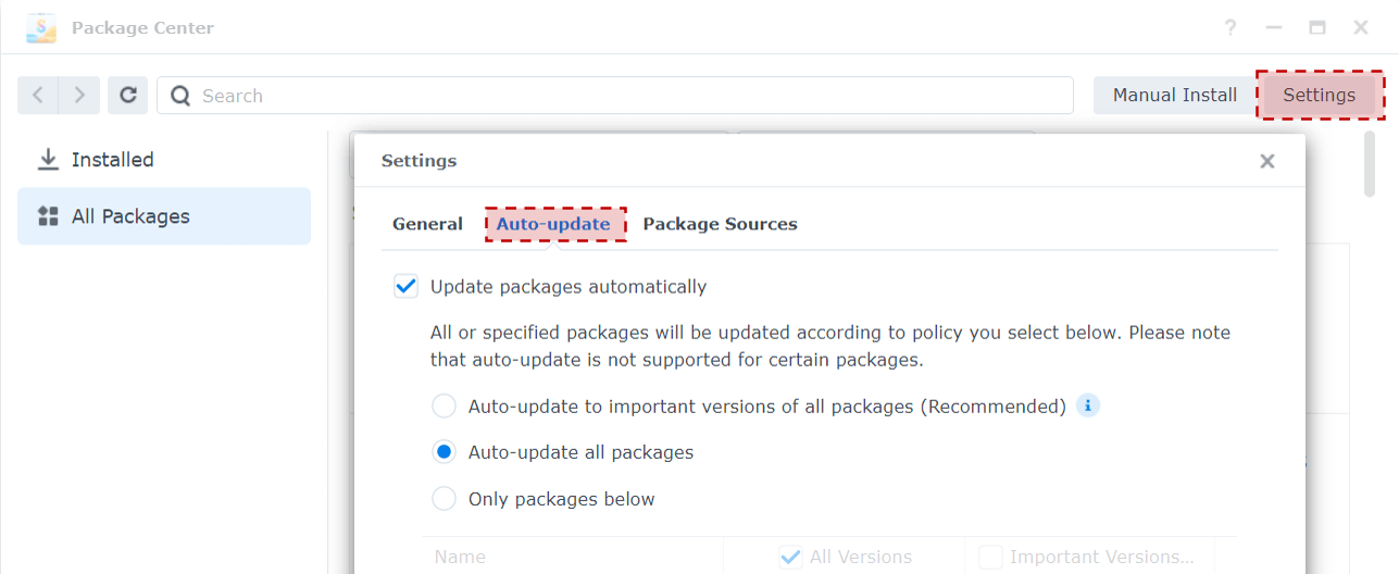 Package Center auto-update settings