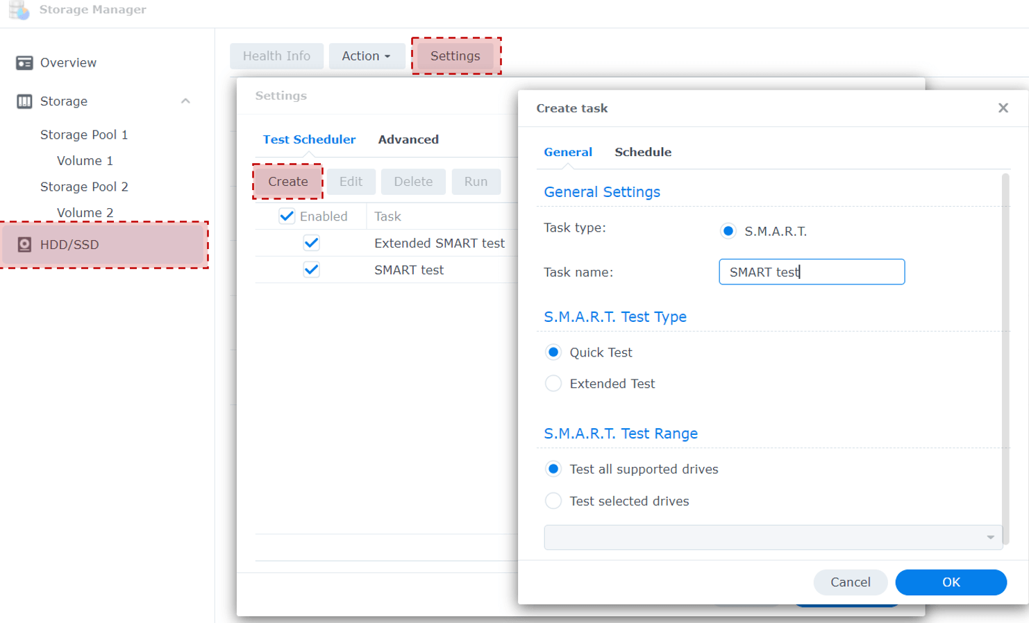 SMART test scheduler in Synology DSM