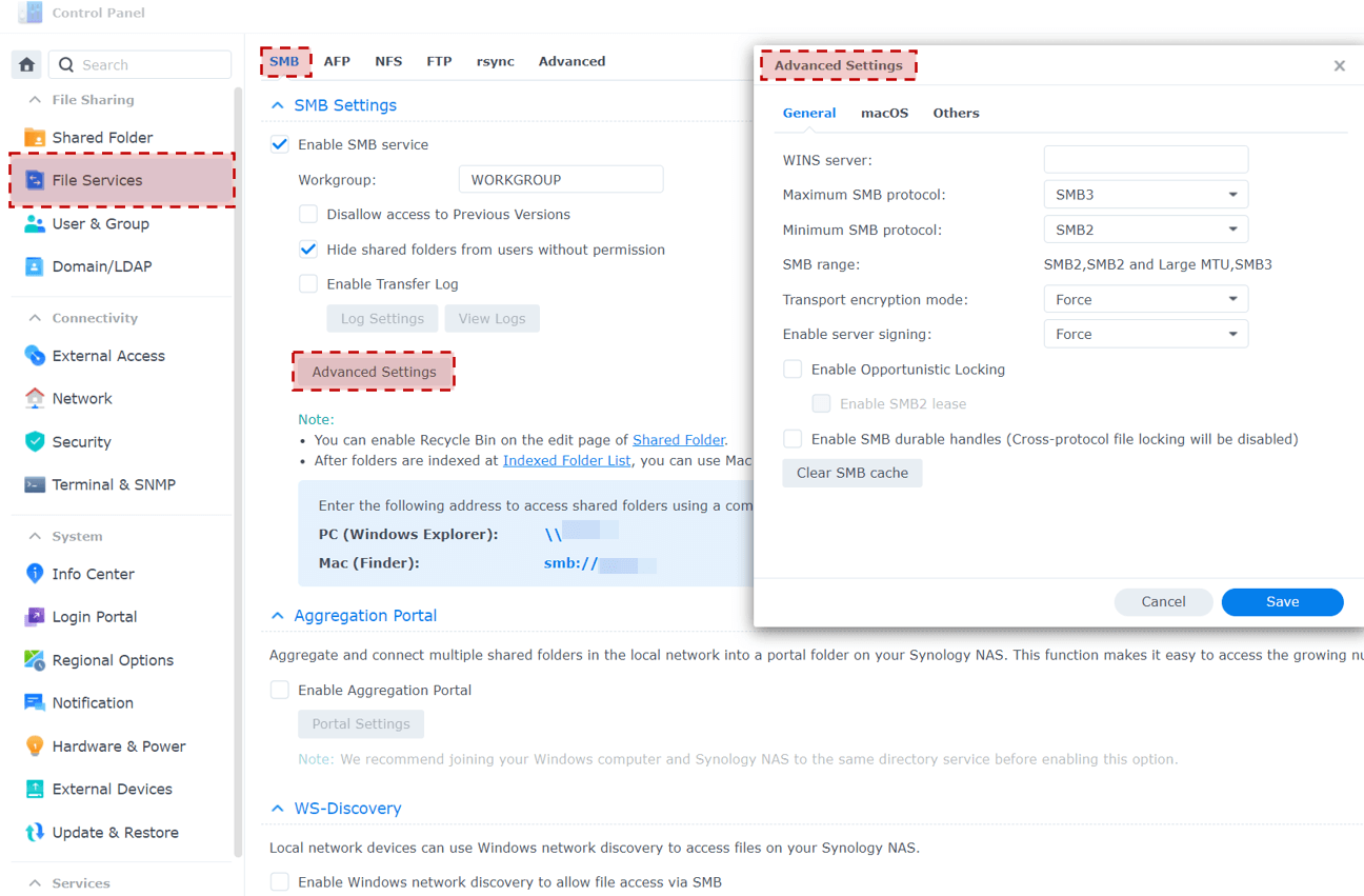 SMB advanced settings in Synology DSM
