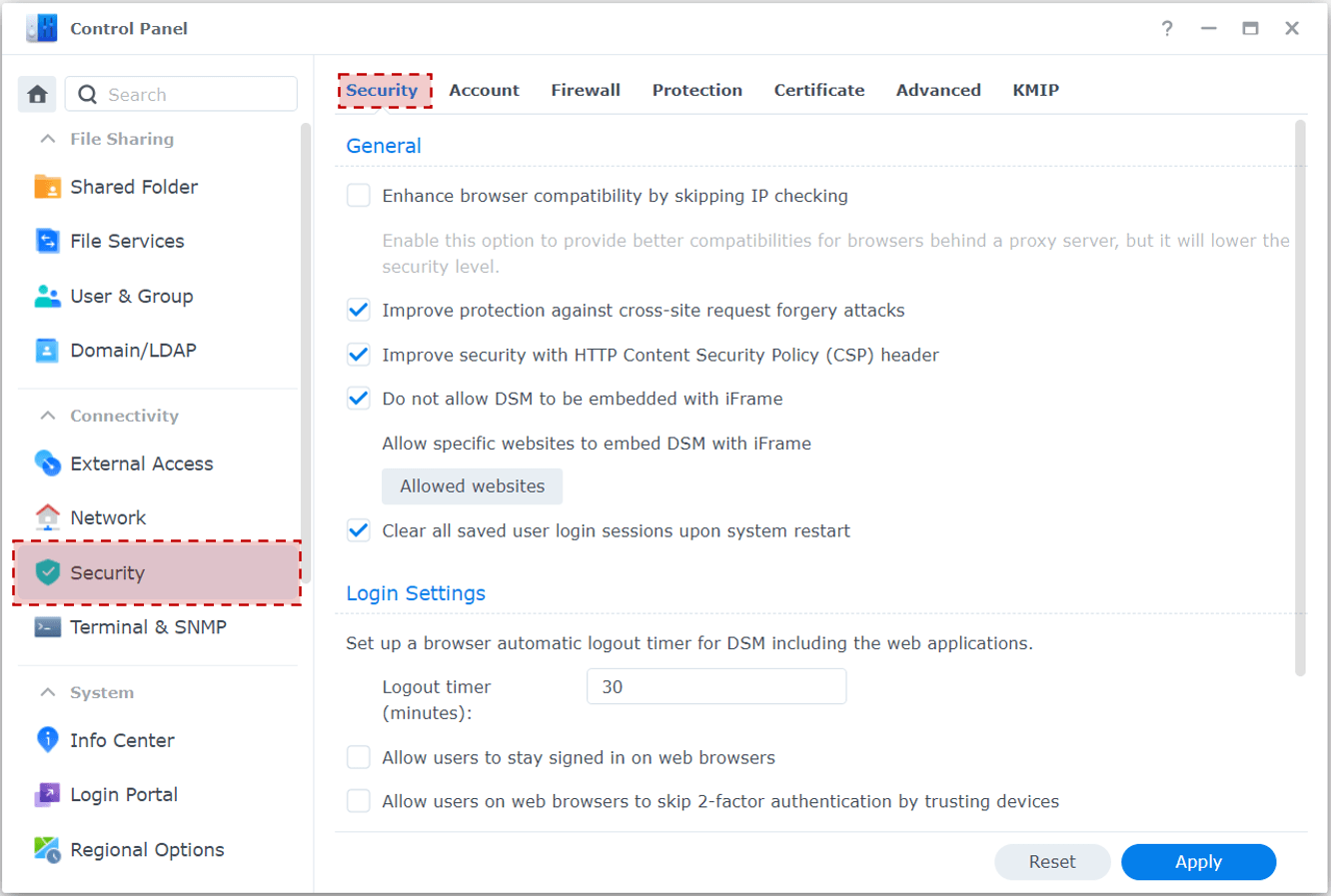 Security general settings