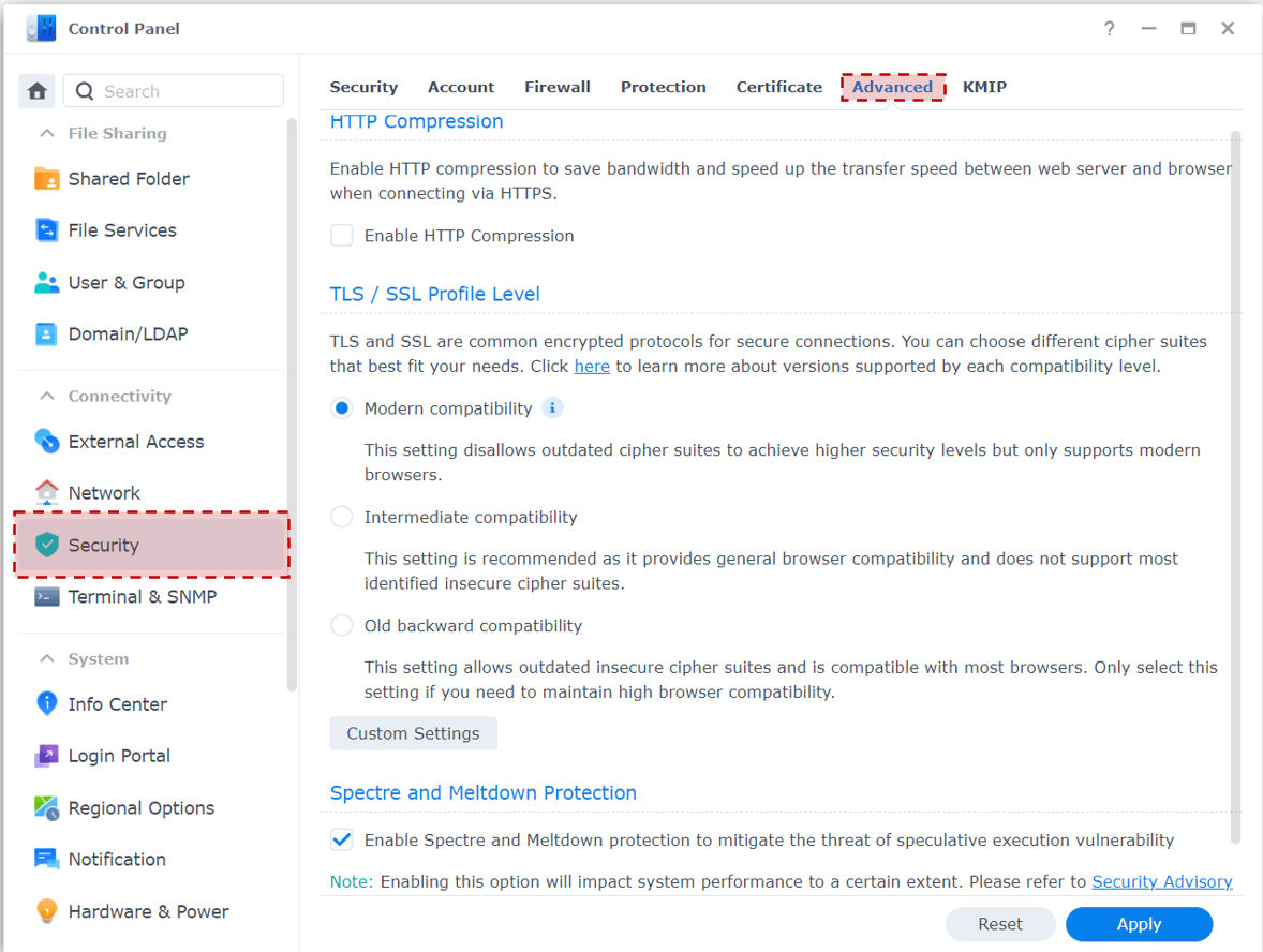 Advanced security settings: TLS/SSL profile level and Spectre and Meltdown protection