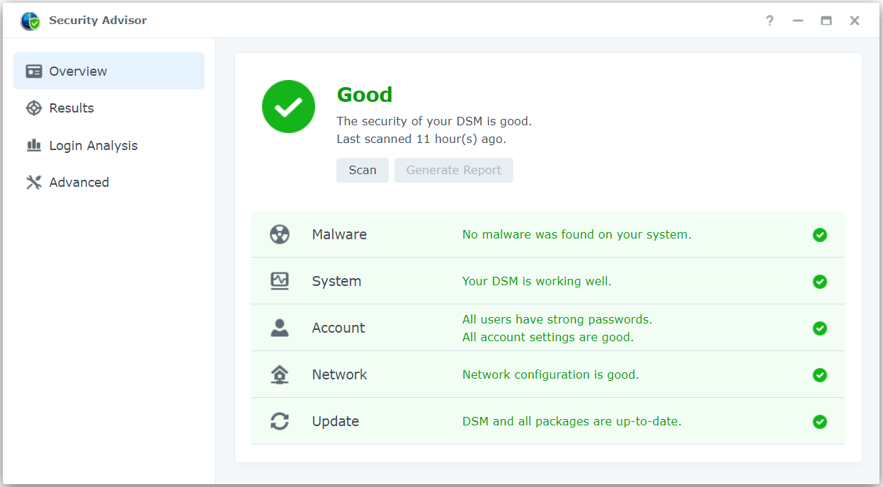 Security Advisor scan results