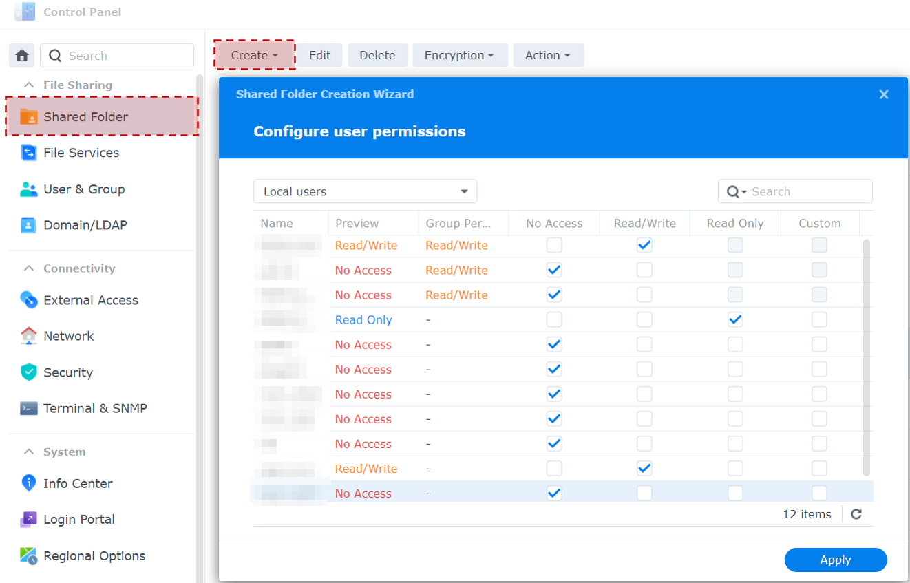 Setting shared folder access permissions per user