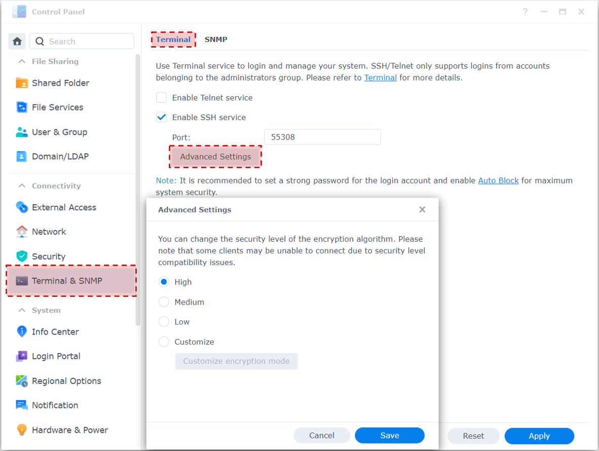 Terminal service settings