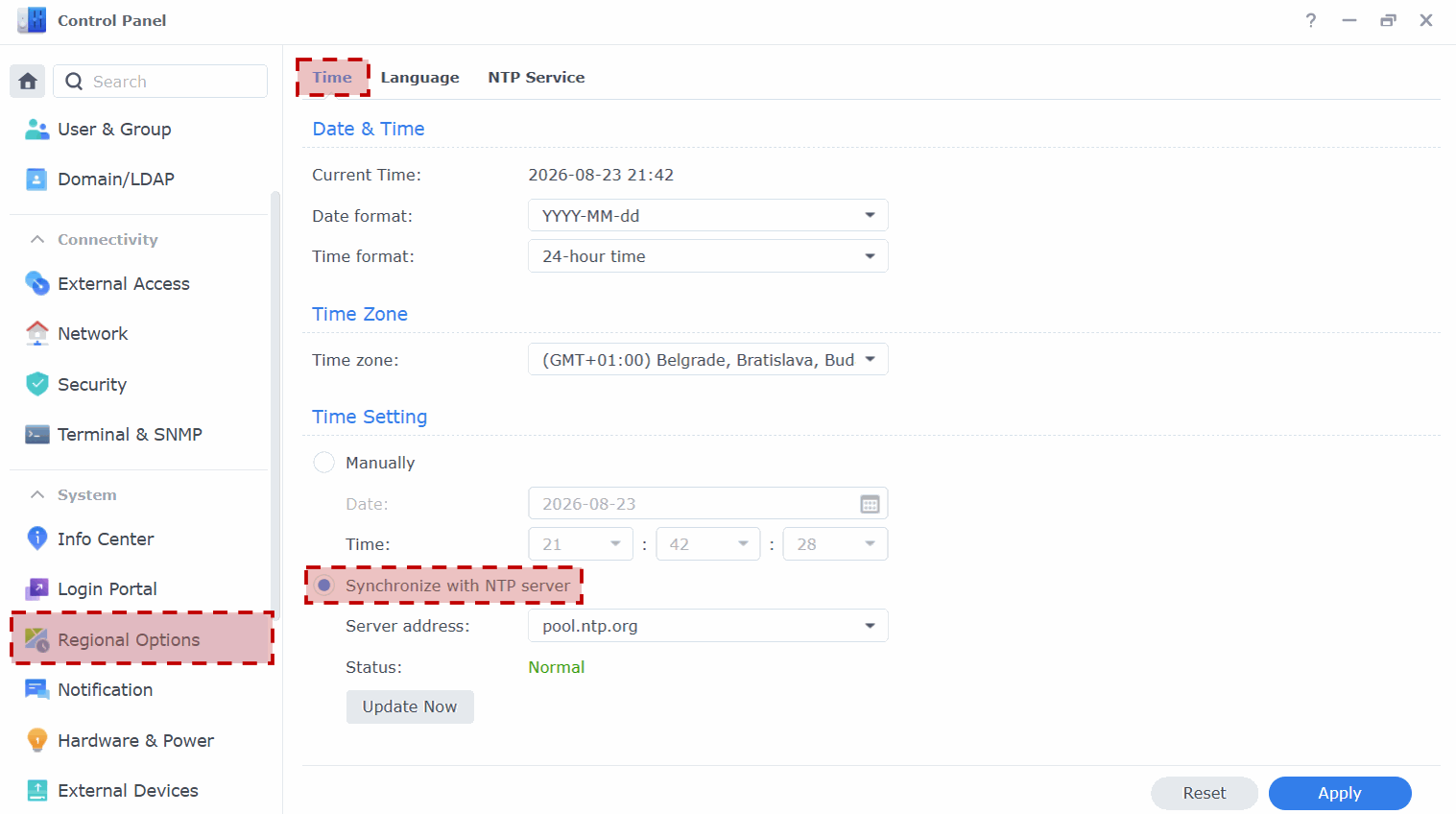 Synchronizing DSM time with an NTP server