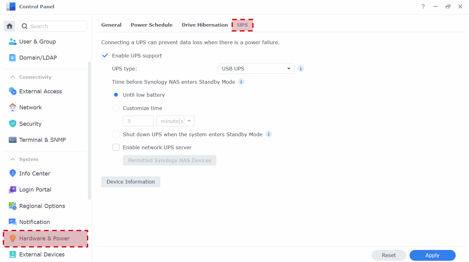 UPS support settings under Hardware & Power